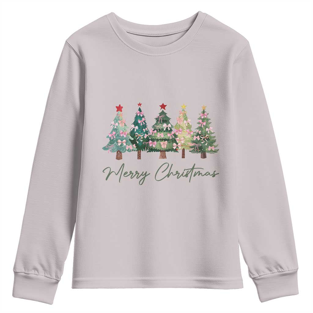 Merry Christmas Coquette Xmas Tree Youth Sweatshirt Cute Pink Bow TS11 Ice Gray Print Your Wear