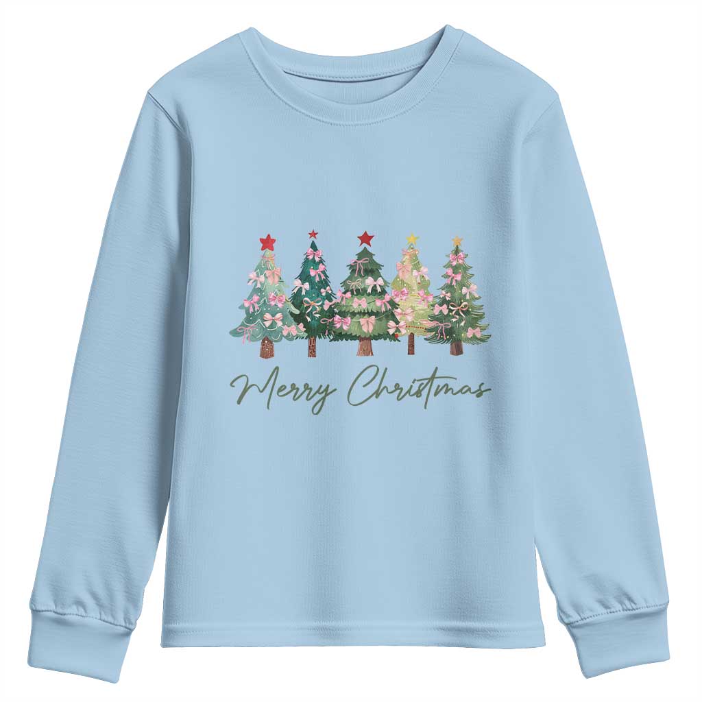 Merry Christmas Coquette Xmas Tree Youth Sweatshirt Cute Pink Bow TS11 Light Blue Print Your Wear