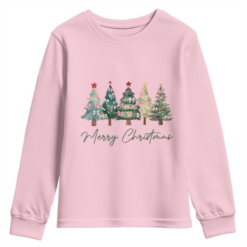 Merry Christmas Coquette Xmas Tree Youth Sweatshirt Cute Pink Bow TS11 Light Pink Print Your Wear
