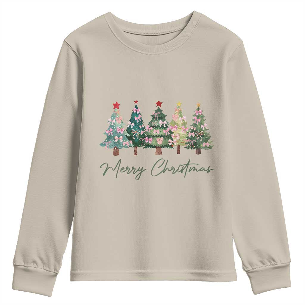 Merry Christmas Coquette Xmas Tree Youth Sweatshirt Cute Pink Bow TS11 Sand Print Your Wear