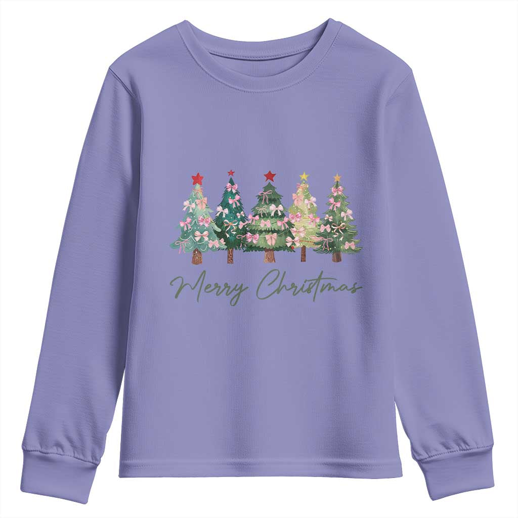 Merry Christmas Coquette Xmas Tree Youth Sweatshirt Cute Pink Bow TS11 Violet Print Your Wear