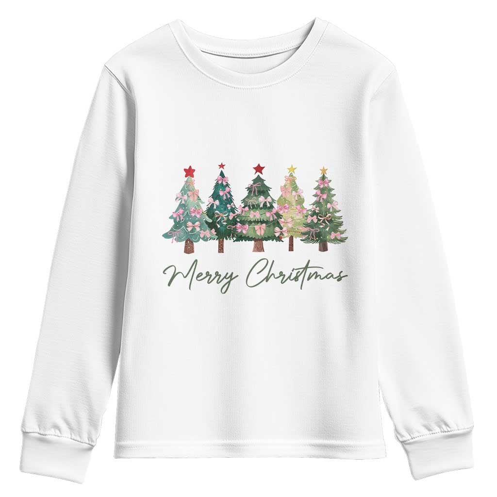 Merry Christmas Coquette Xmas Tree Youth Sweatshirt Cute Pink Bow TS11 White Print Your Wear