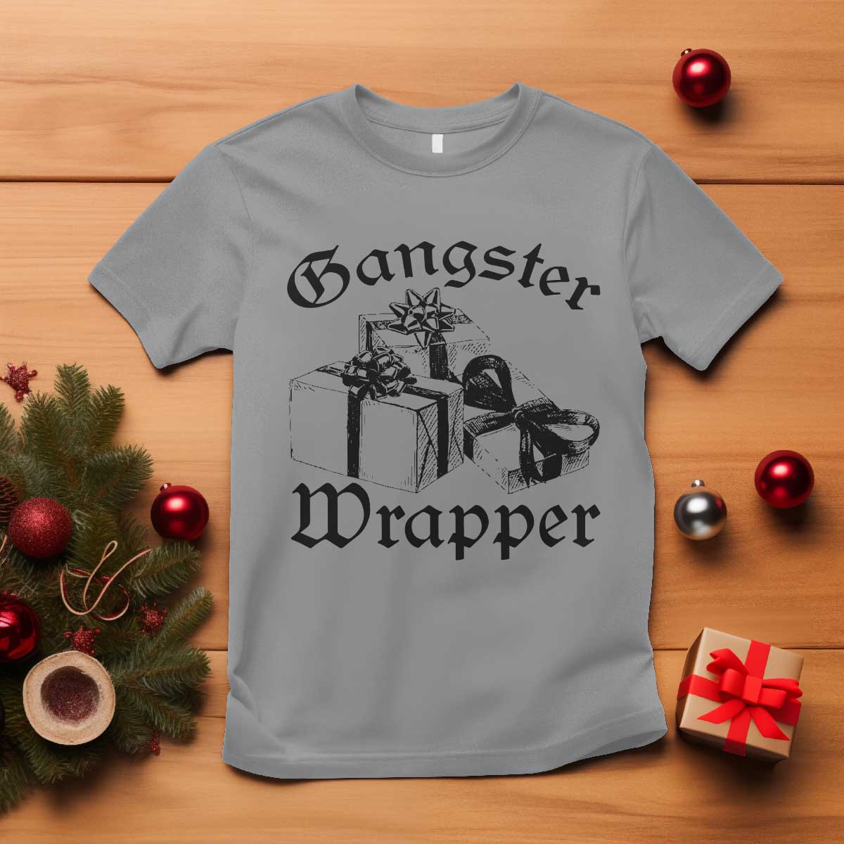Funny Christmas T Shirt Gangster Wrapper Vintage Presents Gift TS11 Sport Gray Print Your Wear