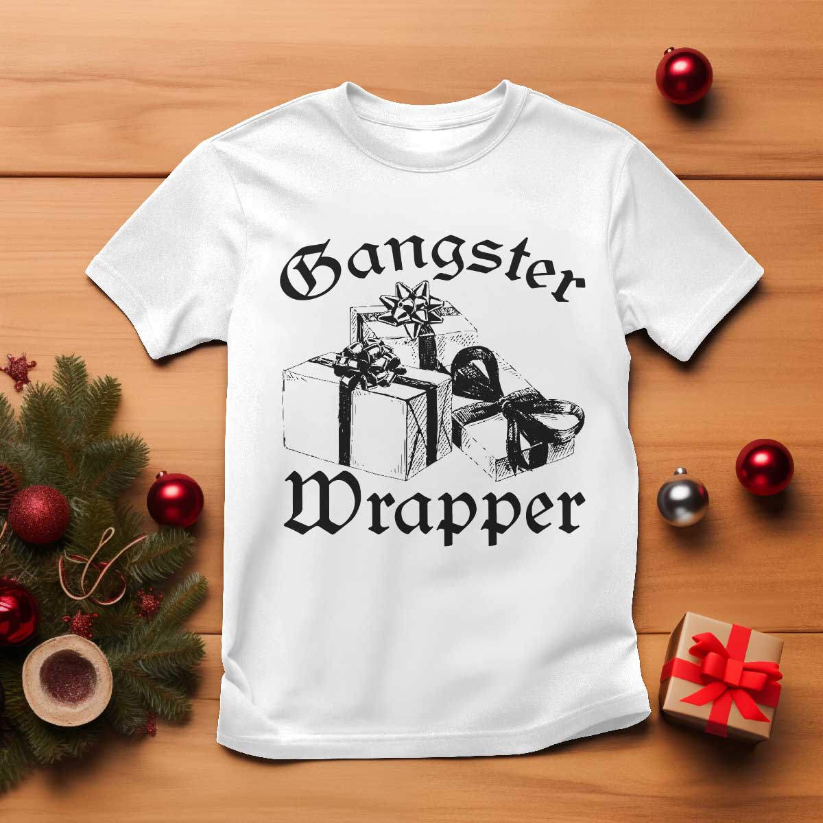Funny Christmas T Shirt Gangster Wrapper Vintage Presents Gift TS11 White Print Your Wear