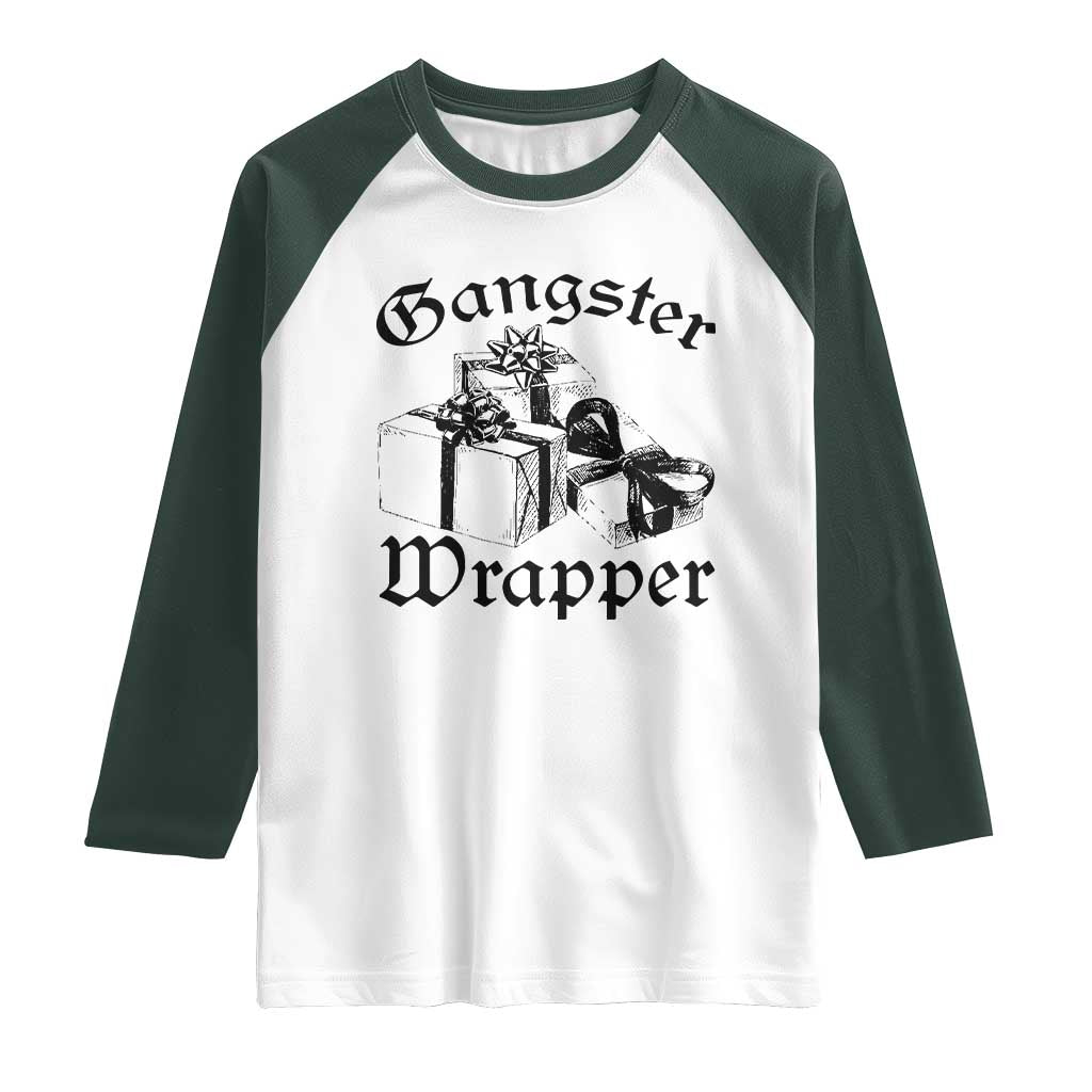 Funny Christmas Raglan Shirt Gangster Wrapper Vintage Presents Gift TS11 White Dark Forest Green Print Your Wear