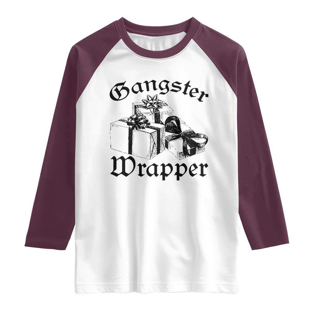 Funny Christmas Raglan Shirt Gangster Wrapper Vintage Presents Gift TS11 White Maroon Print Your Wear