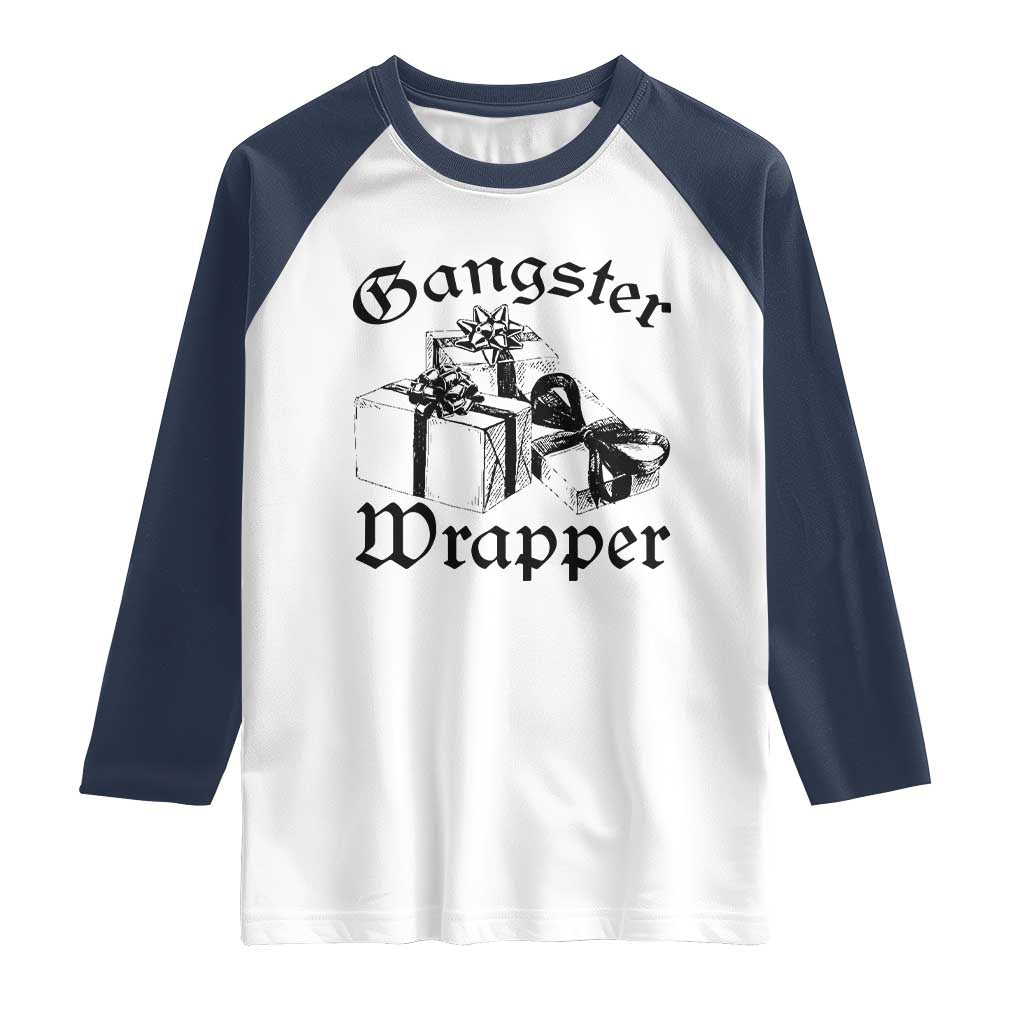 Funny Christmas Raglan Shirt Gangster Wrapper Vintage Presents Gift TS11 White Navy Print Your Wear