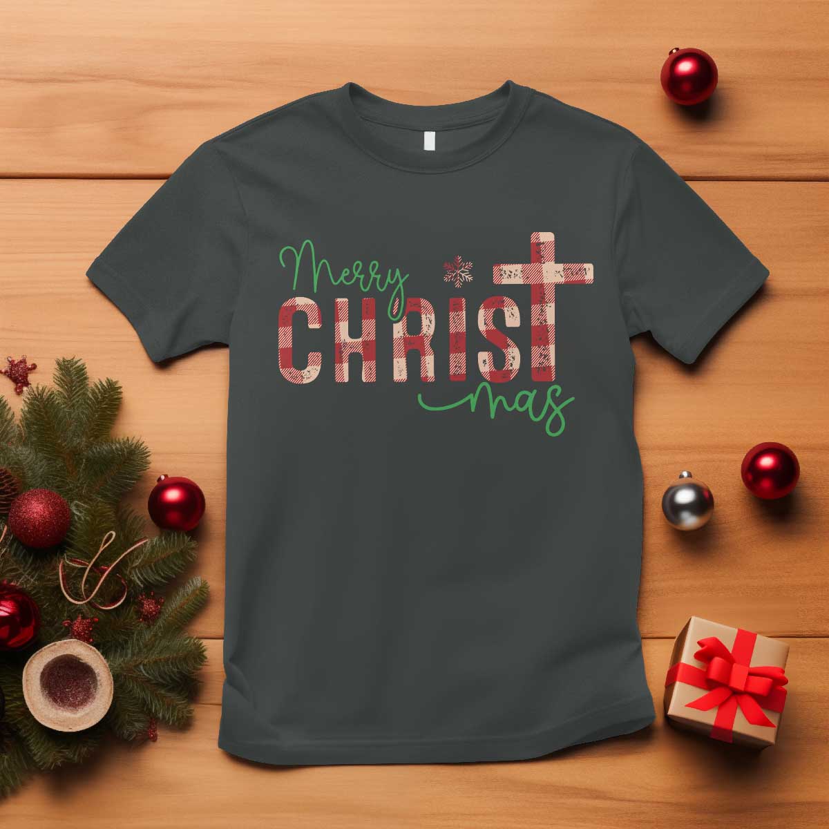 Christian Christmas T Shirt Merry Christmas Cross Faith TS11 Dark Heather Print Your Wear
