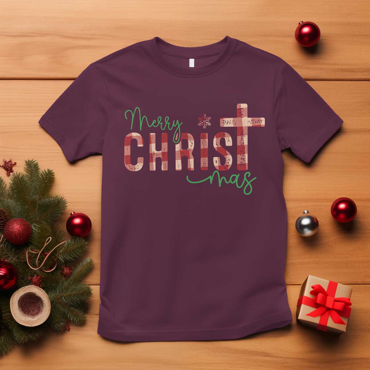 Christian Christmas T Shirt Merry Christmas Cross Faith TS11 Maroon Print Your Wear