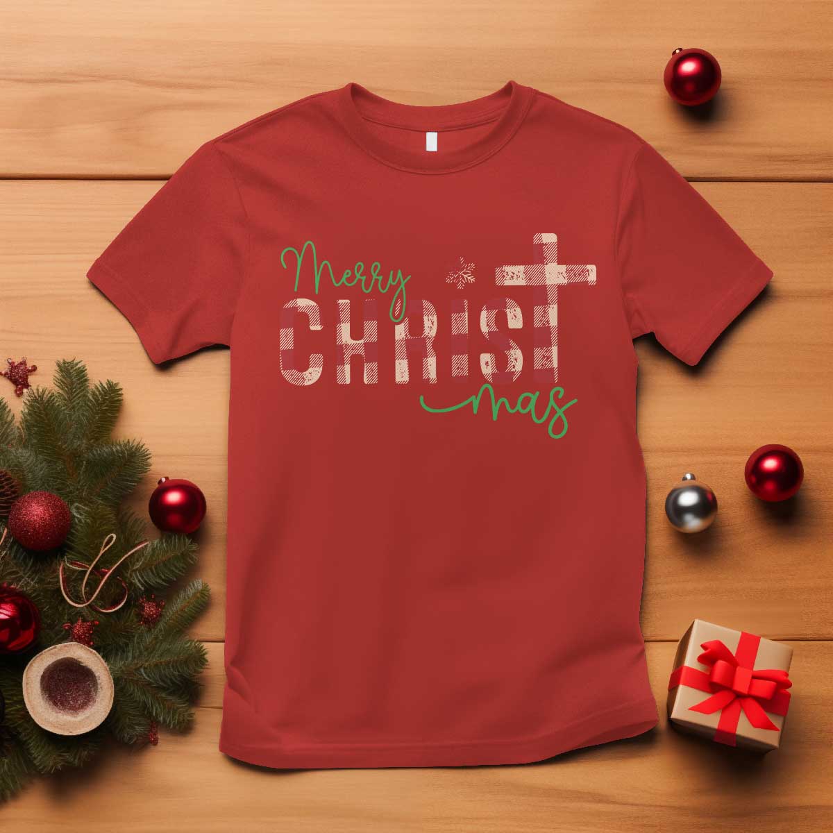 Christian Christmas T Shirt Merry Christmas Cross Faith TS11 Red Print Your Wear