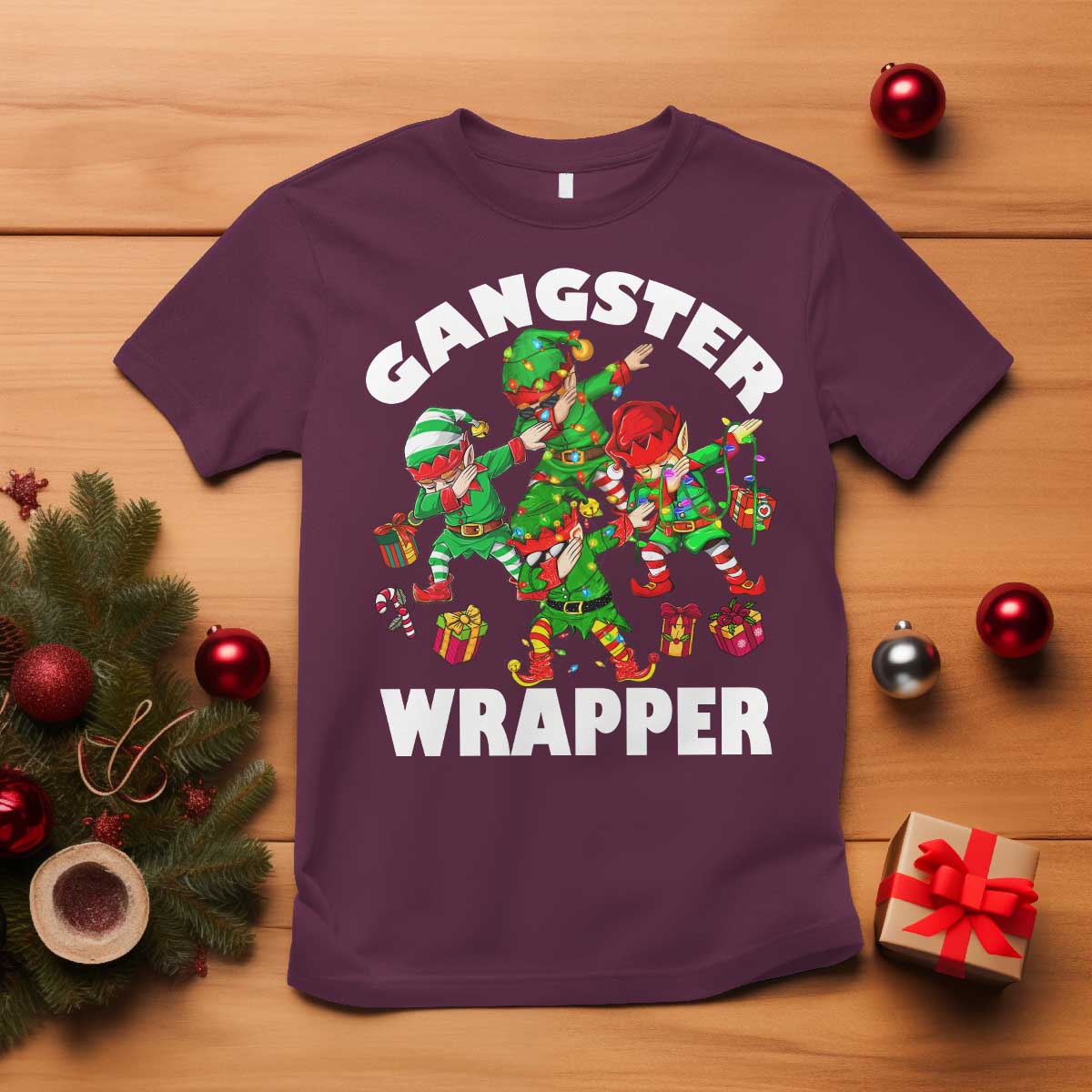 Funny Gangster Wrapper T Shirt Christmas Gangsta Elf Crew Presents TS11 Maroon Print Your Wear