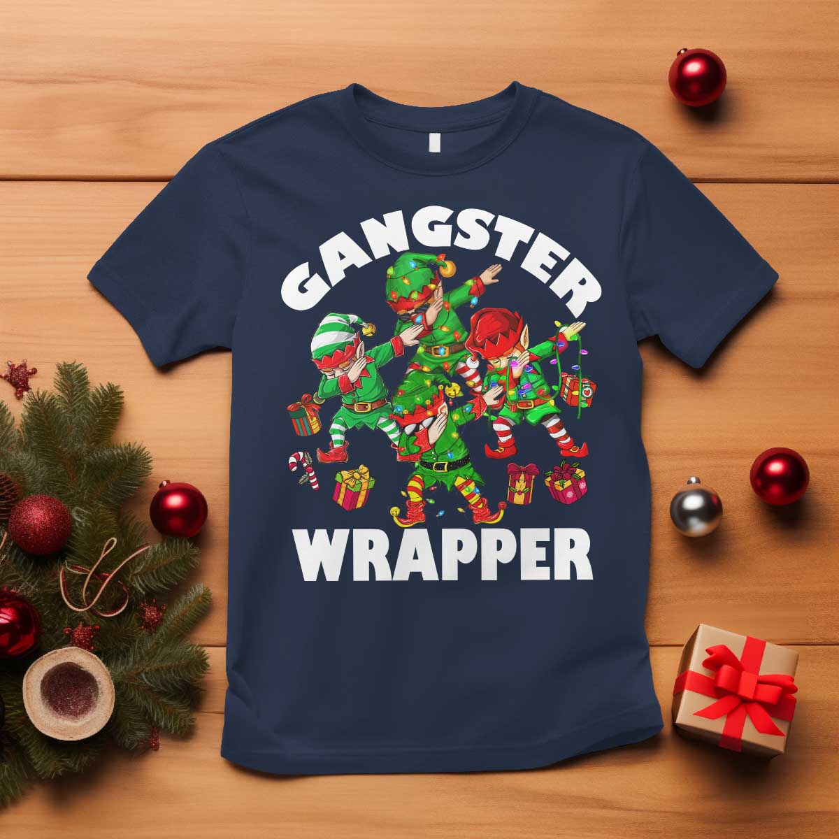 Funny Gangster Wrapper T Shirt Christmas Gangsta Elf Crew Presents TS11 Navy Print Your Wear