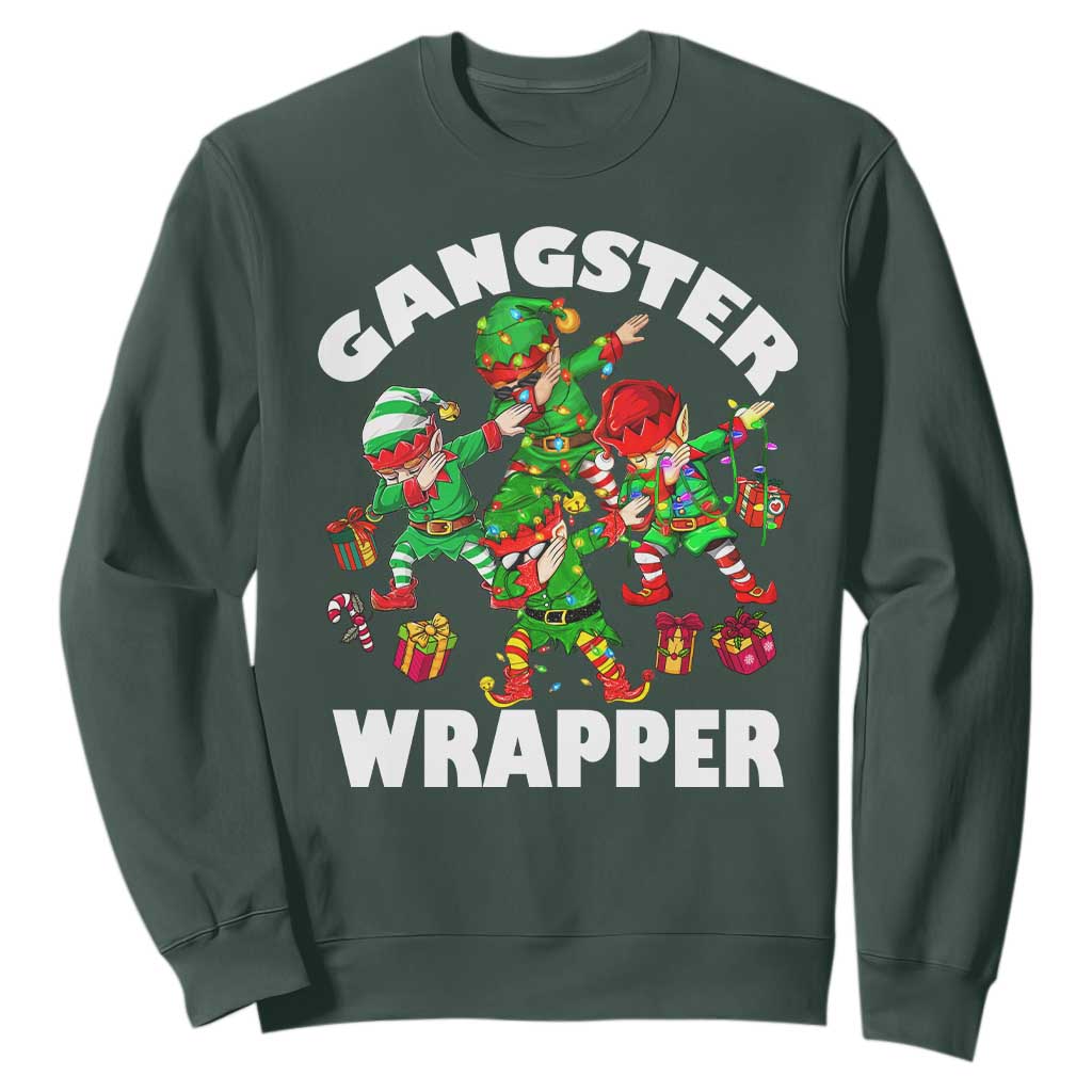 Funny Gangster Wrapper Sweatshirt Christmas Gangsta Elf Crew Presents TS11 Dark Forest Green Print Your Wear
