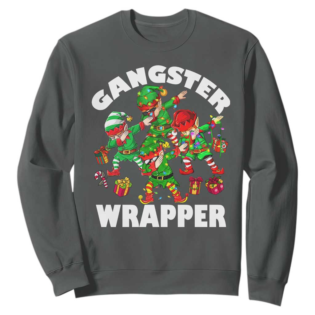 Funny Gangster Wrapper Sweatshirt Christmas Gangsta Elf Crew Presents TS11 Dark Heather Print Your Wear