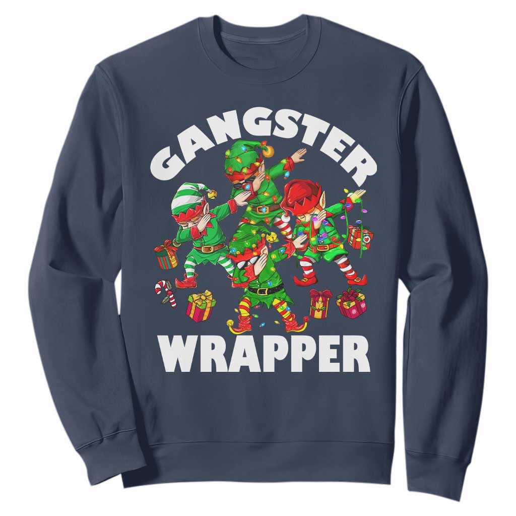 Funny Gangster Wrapper Sweatshirt Christmas Gangsta Elf Crew Presents TS11 Navy Print Your Wear