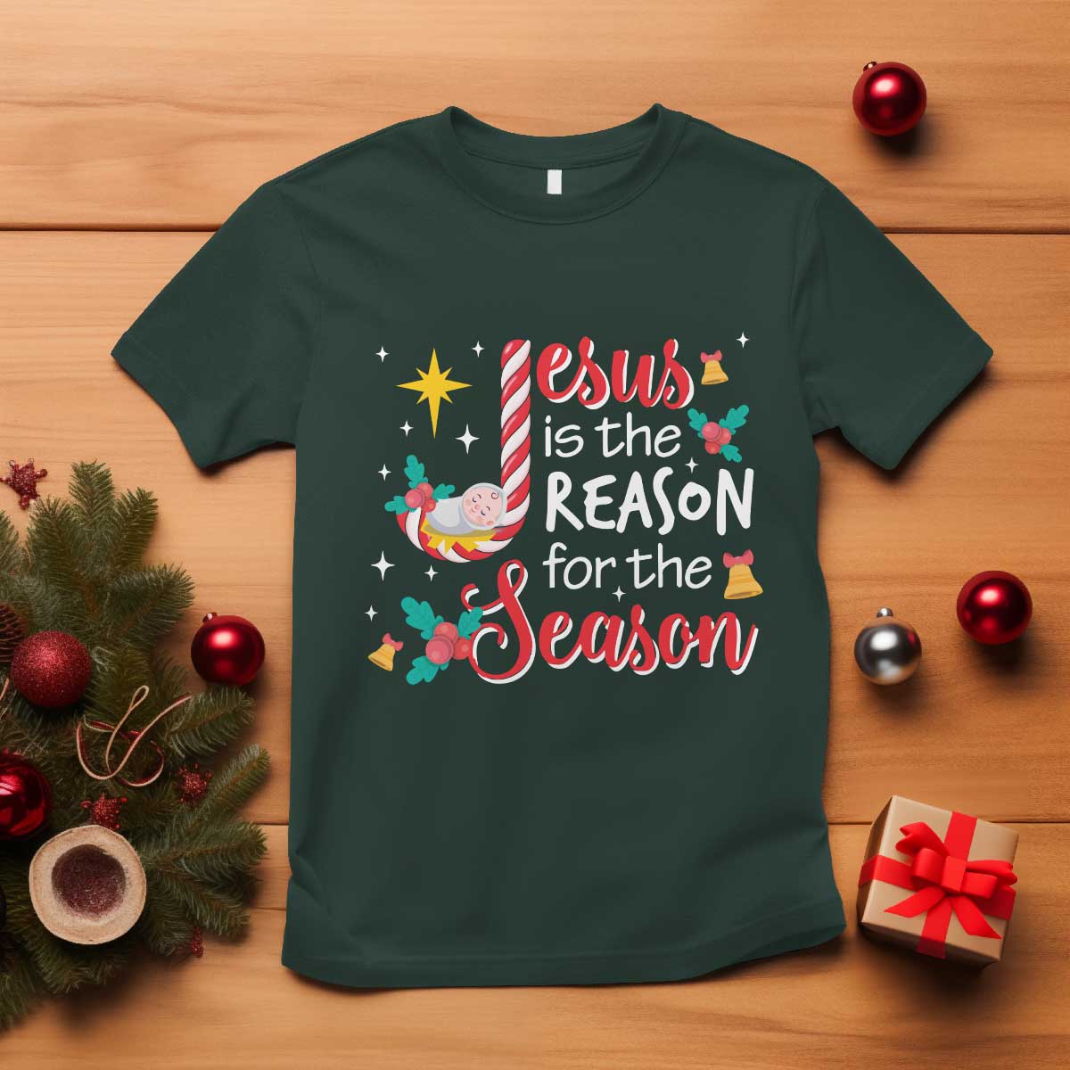 Jesus Is The Reason For The Season T Shirt Christmas Jolly Bell TS11 Dark Forest Green Print Your Wear