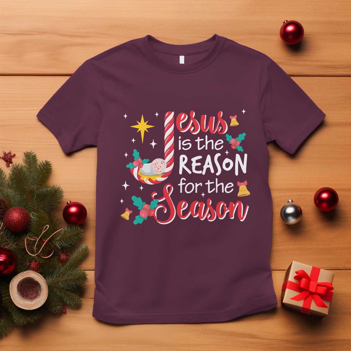 Jesus Is The Reason For The Season T Shirt Christmas Jolly Bell TS11 Maroon Print Your Wear