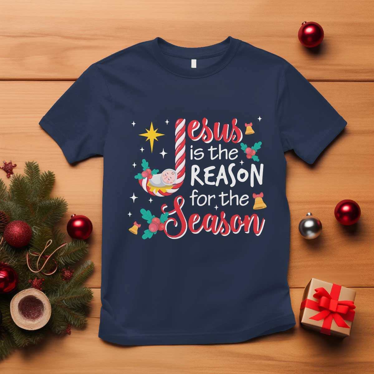 Jesus Is The Reason For The Season T Shirt Christmas Jolly Bell TS11 Navy Print Your Wear