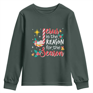 Jesus Is The Reason For The Season Youth Sweatshirt Christmas Jolly Bell TS11 Dark Forest Green Print Your Wear