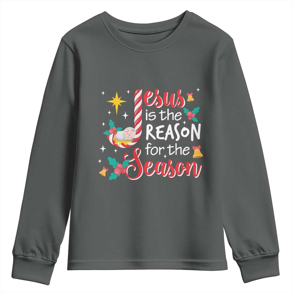 Jesus Is The Reason For The Season Youth Sweatshirt Christmas Jolly Bell TS11 Dark Heather Print Your Wear