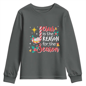 Jesus Is The Reason For The Season Youth Sweatshirt Christmas Jolly Bell TS11 Dark Heather Print Your Wear