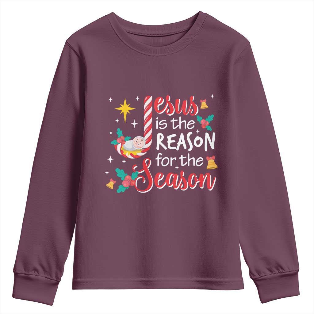 Jesus Is The Reason For The Season Youth Sweatshirt Christmas Jolly Bell TS11 Maroon Print Your Wear