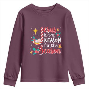 Jesus Is The Reason For The Season Youth Sweatshirt Christmas Jolly Bell TS11 Maroon Print Your Wear