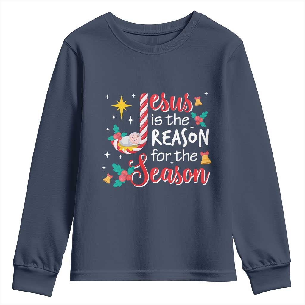 Jesus Is The Reason For The Season Youth Sweatshirt Christmas Jolly Bell TS11 Navy Print Your Wear