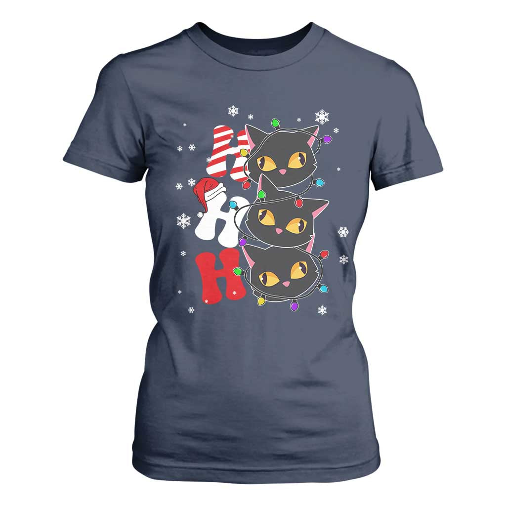 Funny Christmas Black Cat Triple Ho T Shirt For Women TS11 Navy Print Your Wear