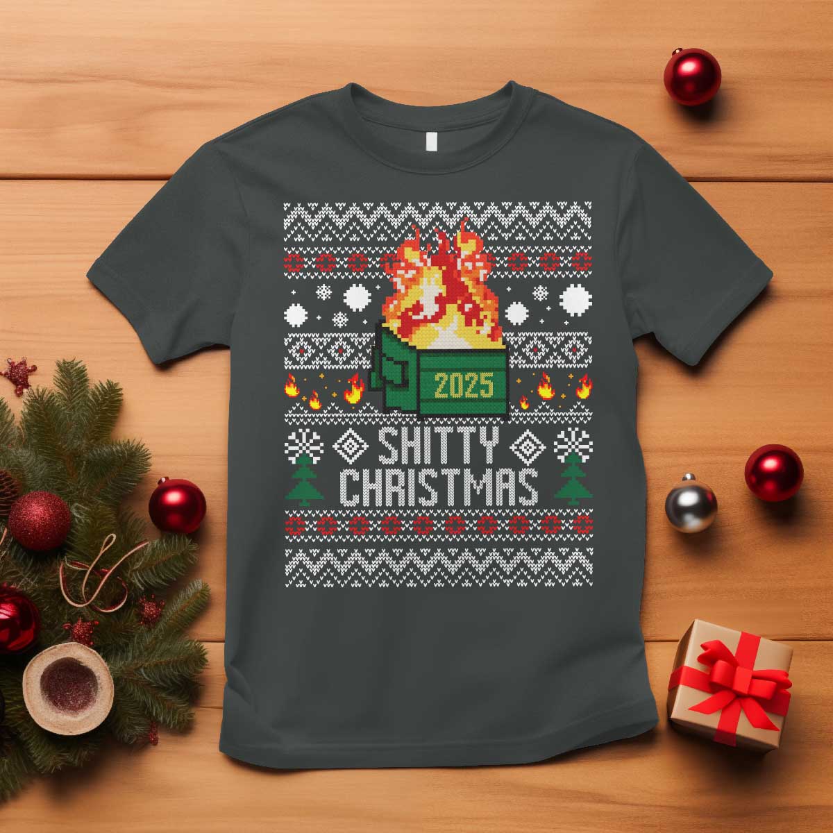 Funny Xmas Lil Dumpster Fire T Shirt Shitty Christmas Festive Holiday TS11 Dark Heather Print Your Wear