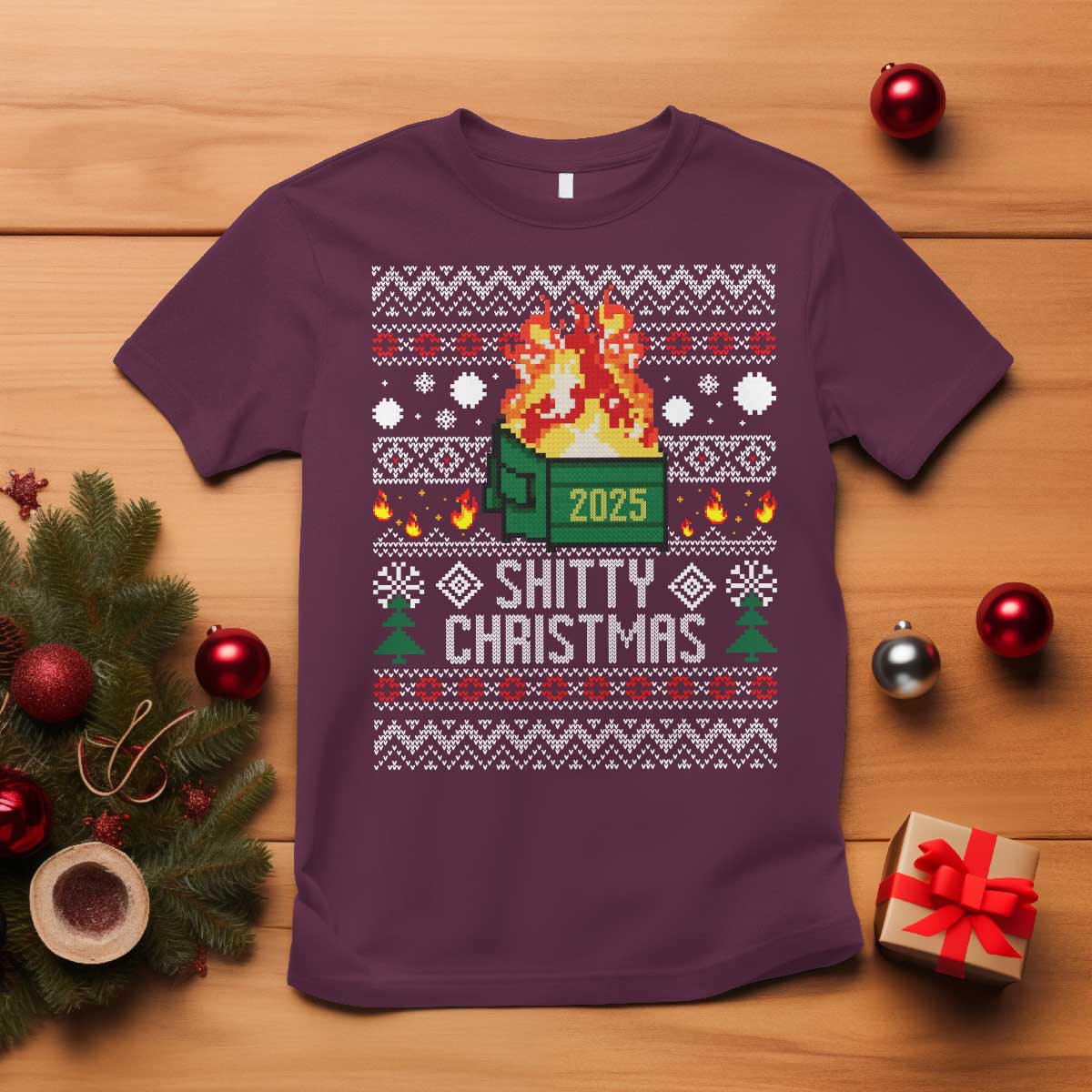 Funny Xmas Lil Dumpster Fire T Shirt Shitty Christmas Festive Holiday TS11 Maroon Print Your Wear
