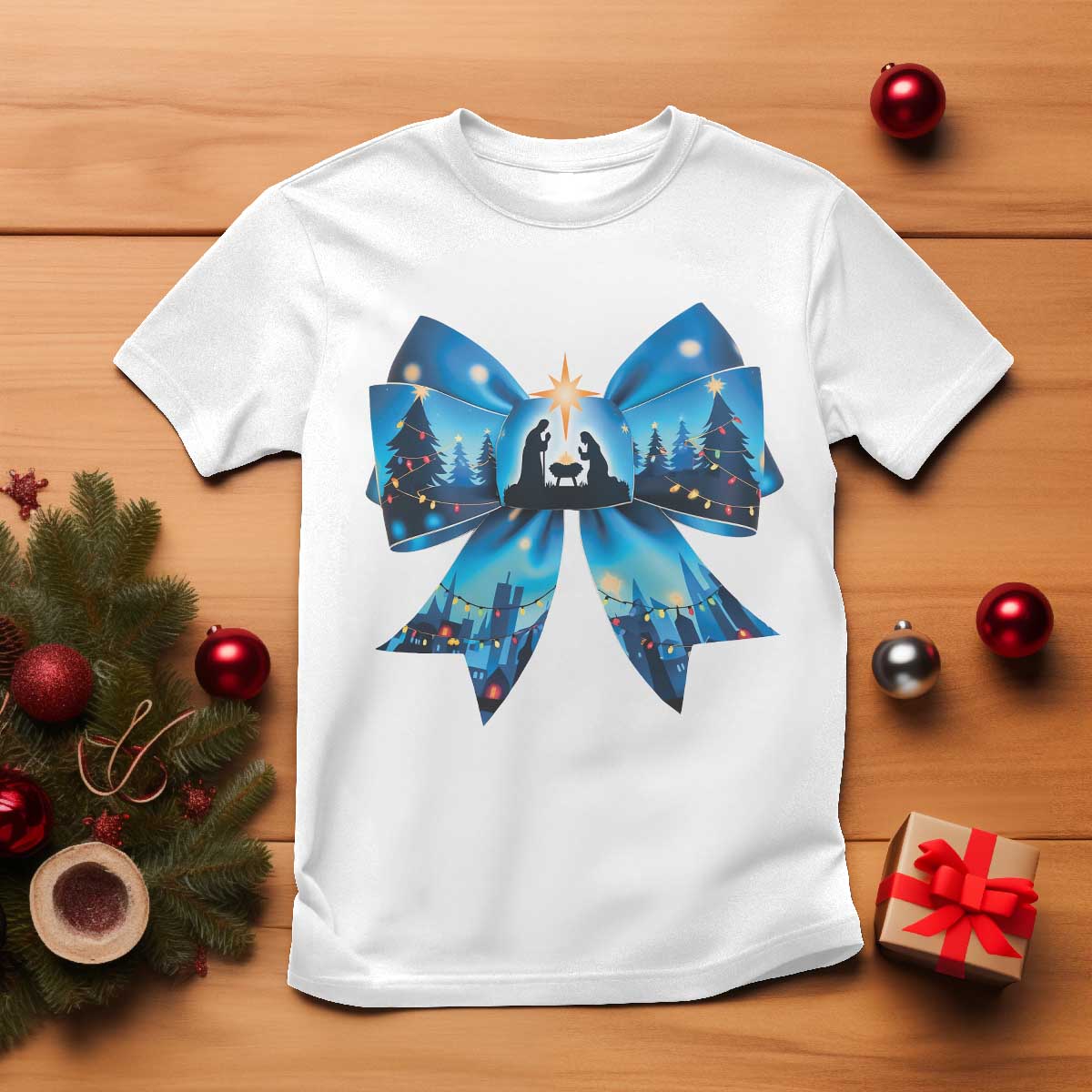 Jesus God Nativity Scene Coquette Bow Christmas T Shirt TS11 White Print Your Wear