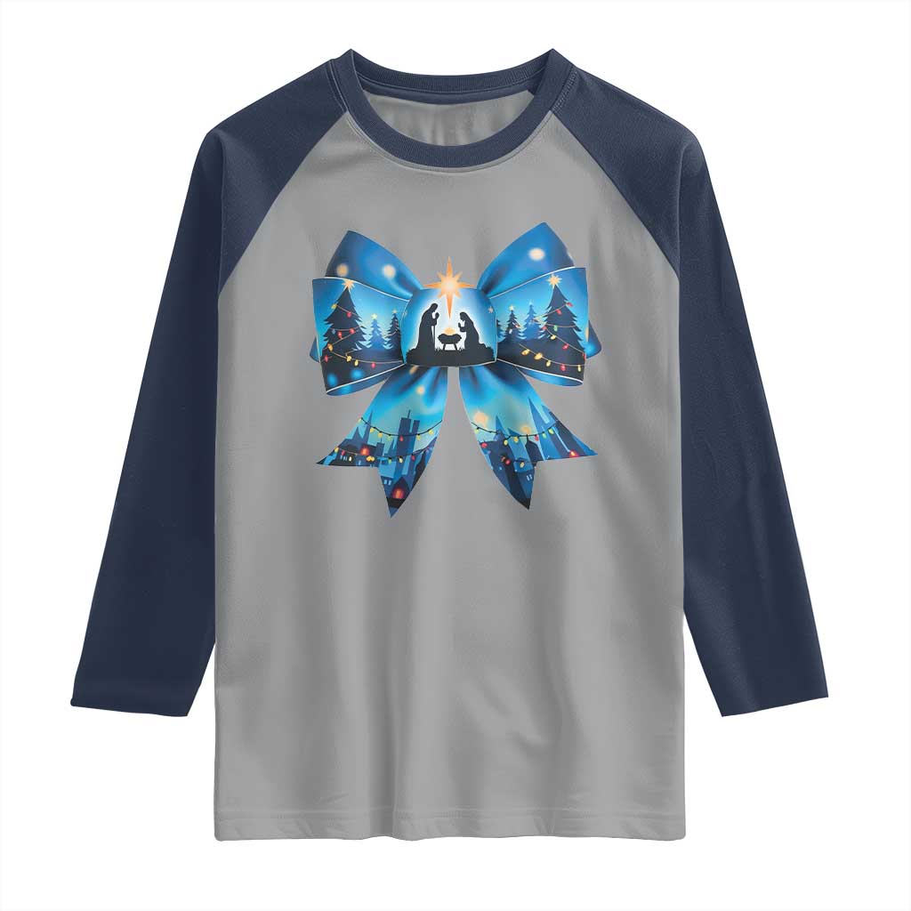 Jesus God Nativity Scene Coquette Bow Christmas Raglan Shirt TS11 Sport Gray Navy Print Your Wear