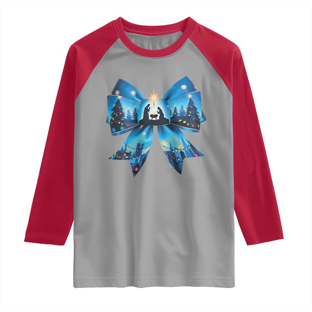 Jesus God Nativity Scene Coquette Bow Christmas Raglan Shirt TS11 Sport Gray Red Print Your Wear