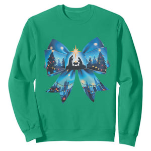 Jesus God Nativity Scene Coquette Bow Christmas Sweatshirt TS11 Irish Green Print Your Wear