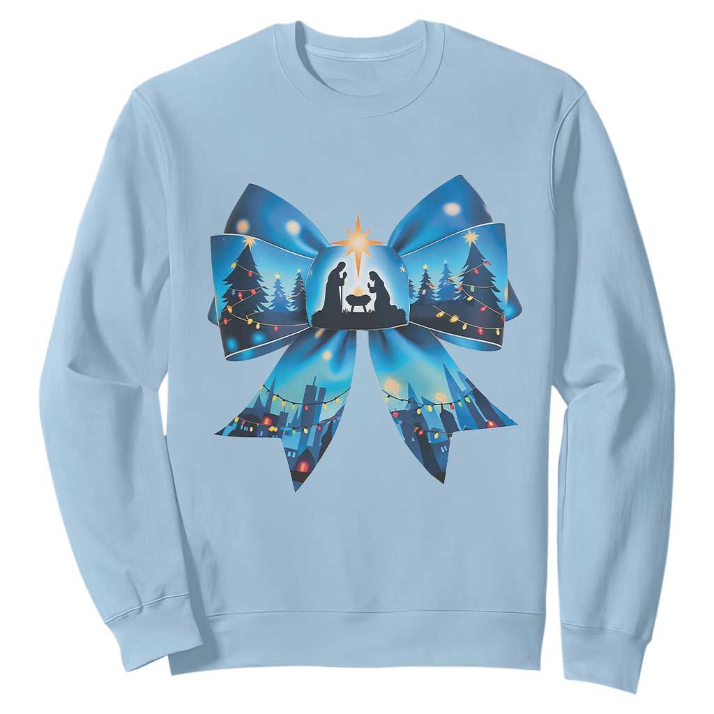 Jesus God Nativity Scene Coquette Bow Christmas Sweatshirt TS11 Light Blue Print Your Wear
