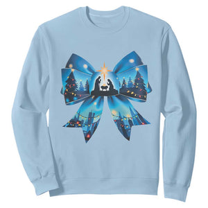 Jesus God Nativity Scene Coquette Bow Christmas Sweatshirt TS11 Light Blue Print Your Wear