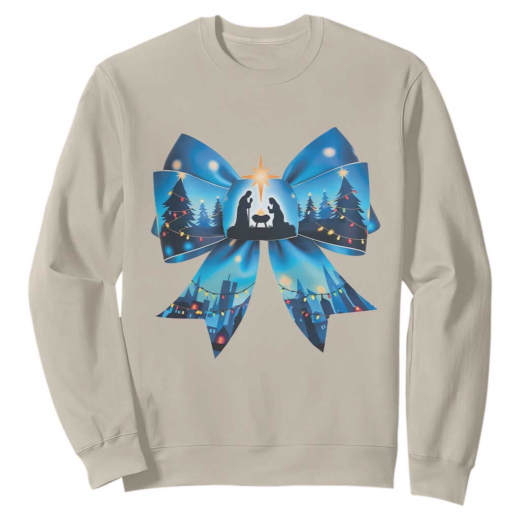 Jesus God Nativity Scene Coquette Bow Christmas Sweatshirt TS11 Sand Print Your Wear