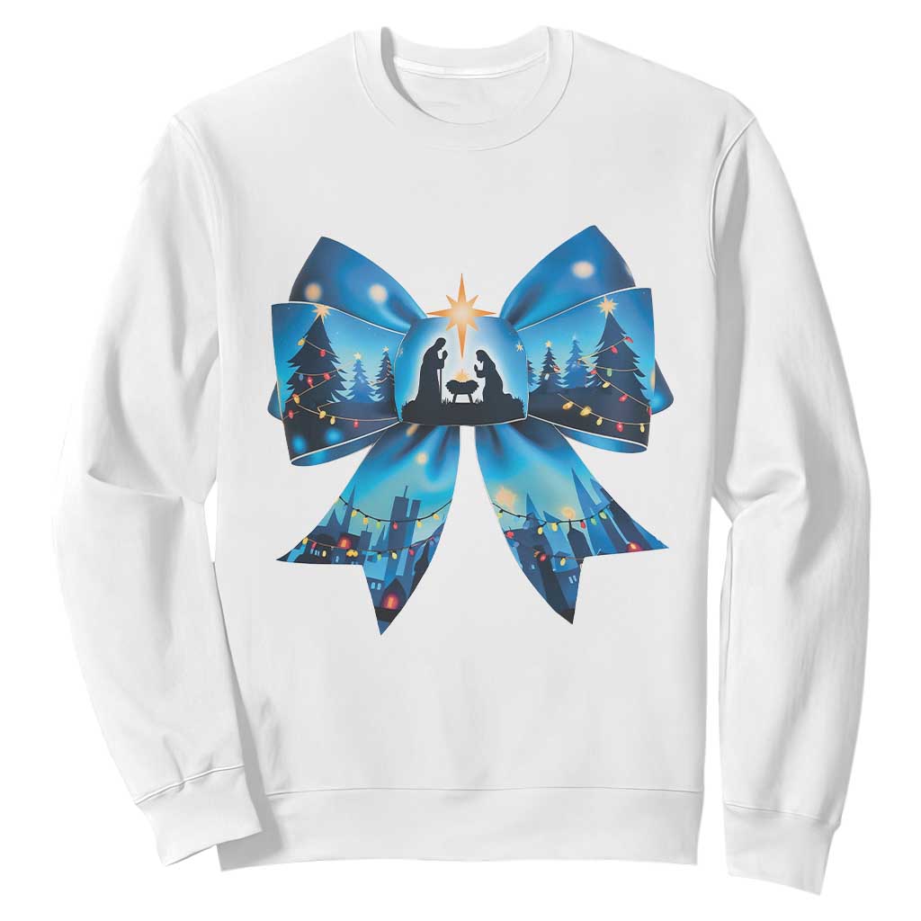 Jesus God Nativity Scene Coquette Bow Christmas Sweatshirt TS11 White Print Your Wear