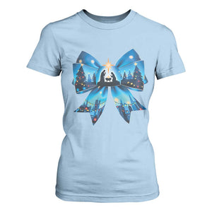 Jesus God Nativity Scene Coquette Bow Christmas T Shirt For Women TS11 Light Blue Print Your Wear
