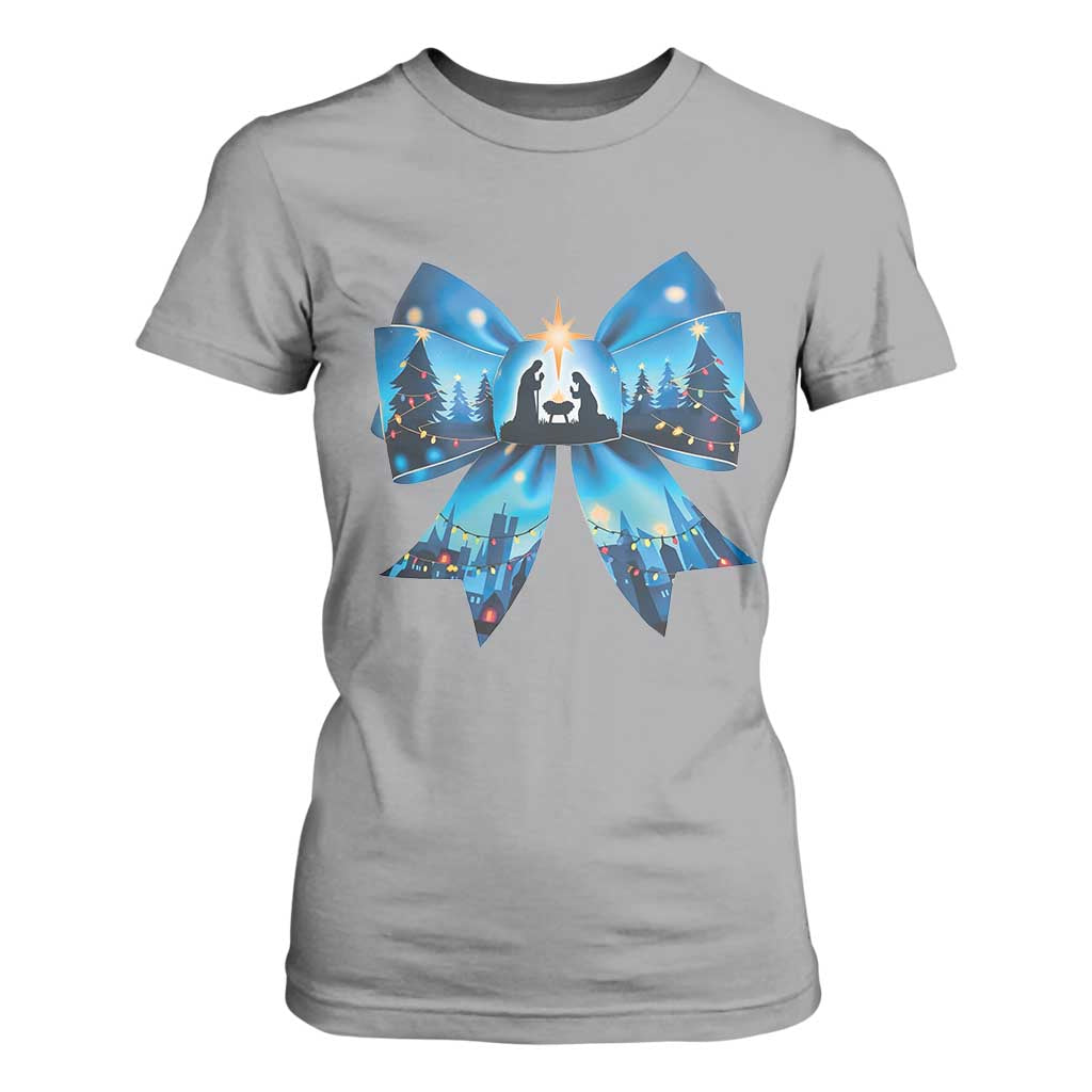 Jesus God Nativity Scene Coquette Bow Christmas T Shirt For Women TS11 Sport Gray Print Your Wear