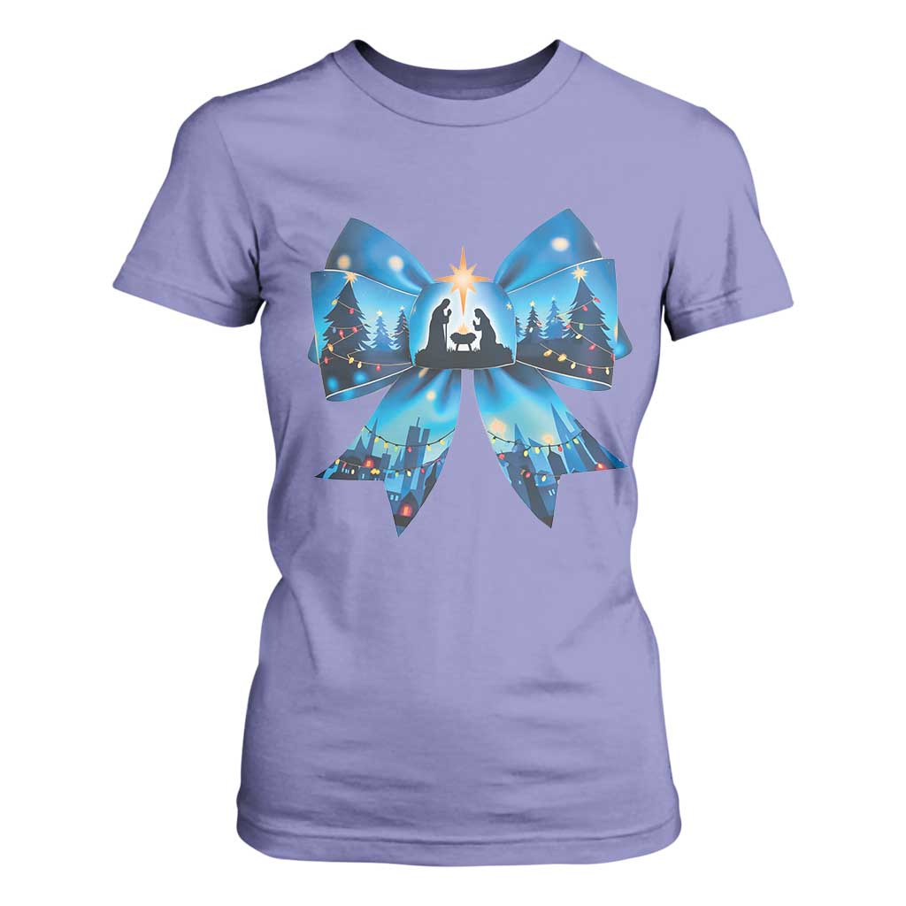 Jesus God Nativity Scene Coquette Bow Christmas T Shirt For Women TS11 Violet Print Your Wear