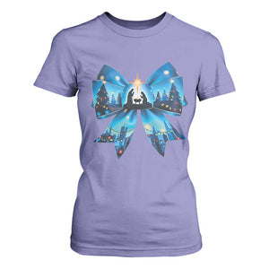 Jesus God Nativity Scene Coquette Bow Christmas T Shirt For Women TS11 Violet Print Your Wear