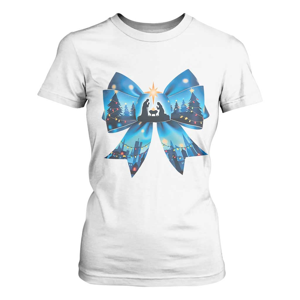 Jesus God Nativity Scene Coquette Bow Christmas T Shirt For Women TS11 White Print Your Wear