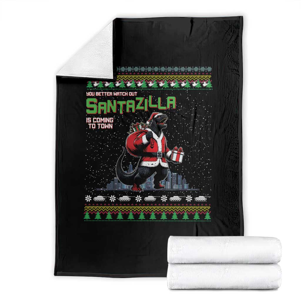 Funny Christmas Santa Godzilla Throw Blanket You Better Watch Out Santazilla Is Coming To Town TS11 Black Print Your Wear
