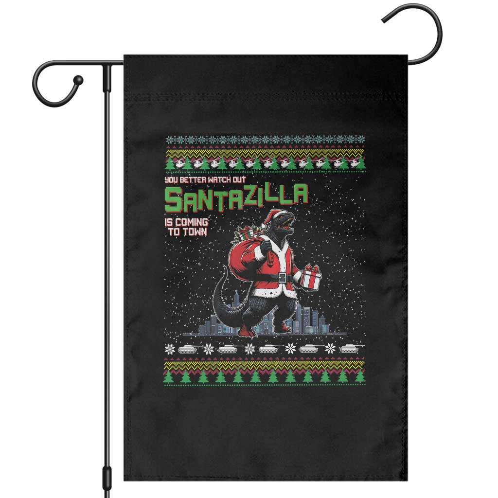 Funny Christmas Santa Godzilla Garden Flag You Better Watch Out Santazilla Is Coming To Town TS11 Black Print Your Wear