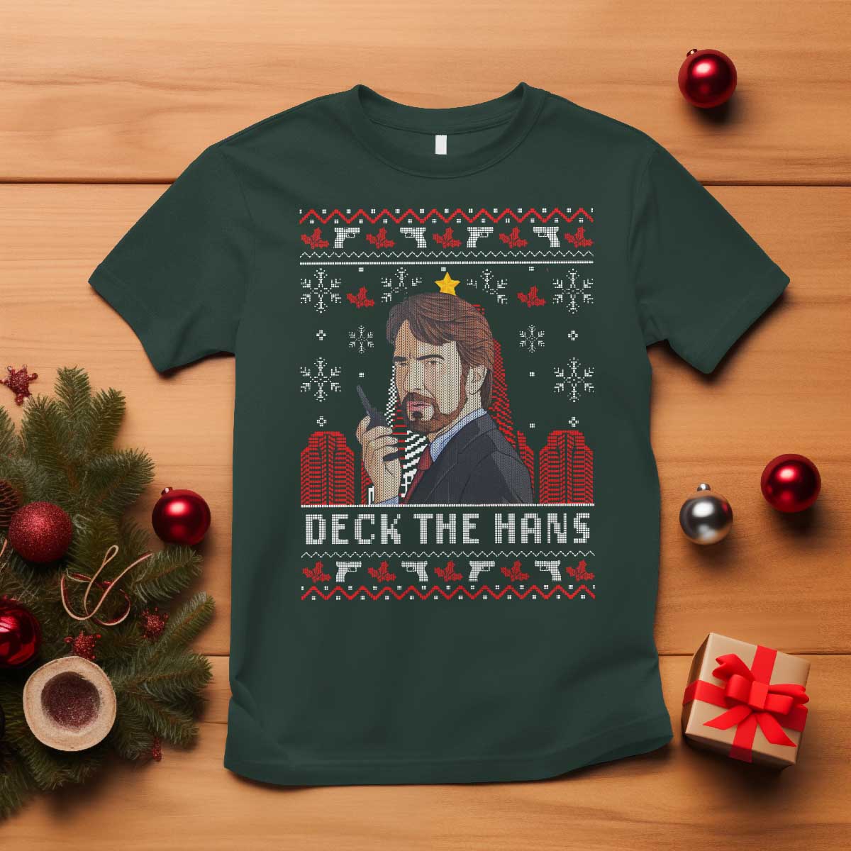 Funny Christmas Nakatomi Plaza T Shirt Deck The Hans TS11 Dark Forest Green Print Your Wear