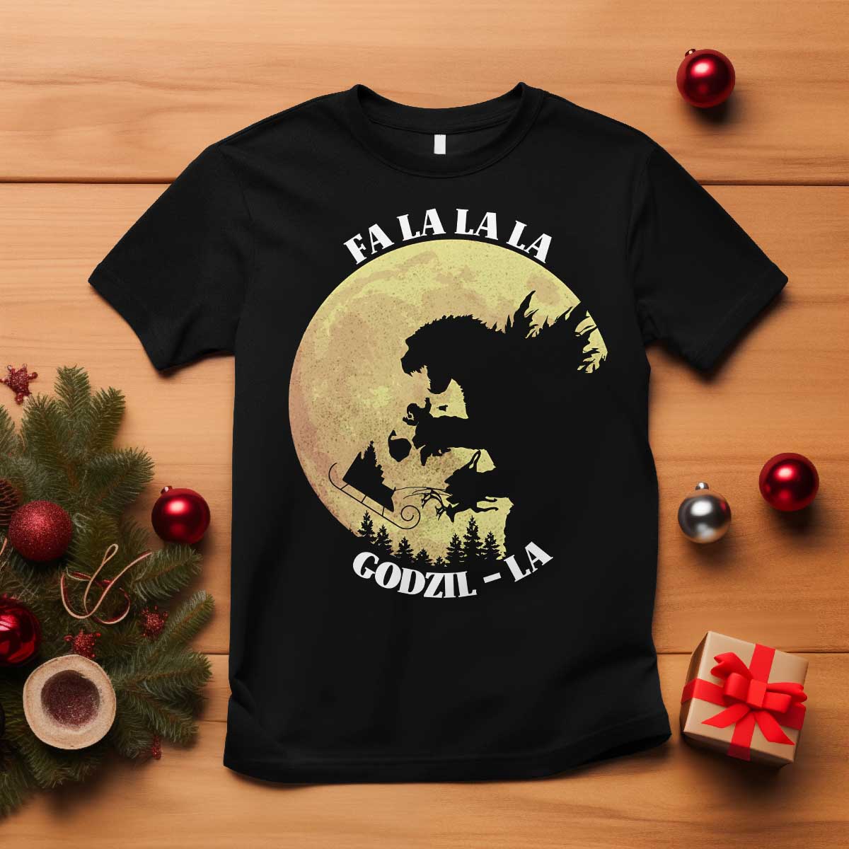 Funny Christmas Godzilla T Shirt Falalala Godzil La Santa Reindeers Xmas Japanese Monster TS11 Black Print Your Wear