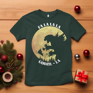 Funny Christmas Godzilla T Shirt Falalala Godzil La Santa Reindeers Xmas Japanese Monster TS11 Dark Forest Green Print Your Wear