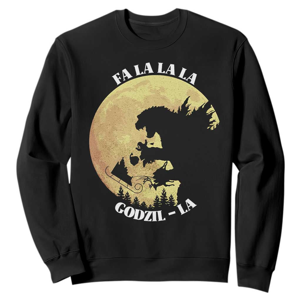 Funny Christmas Godzilla Sweatshirt Falalala Godzil La Santa Reindeers Xmas Japanese Monster TS11 Black Print Your Wear